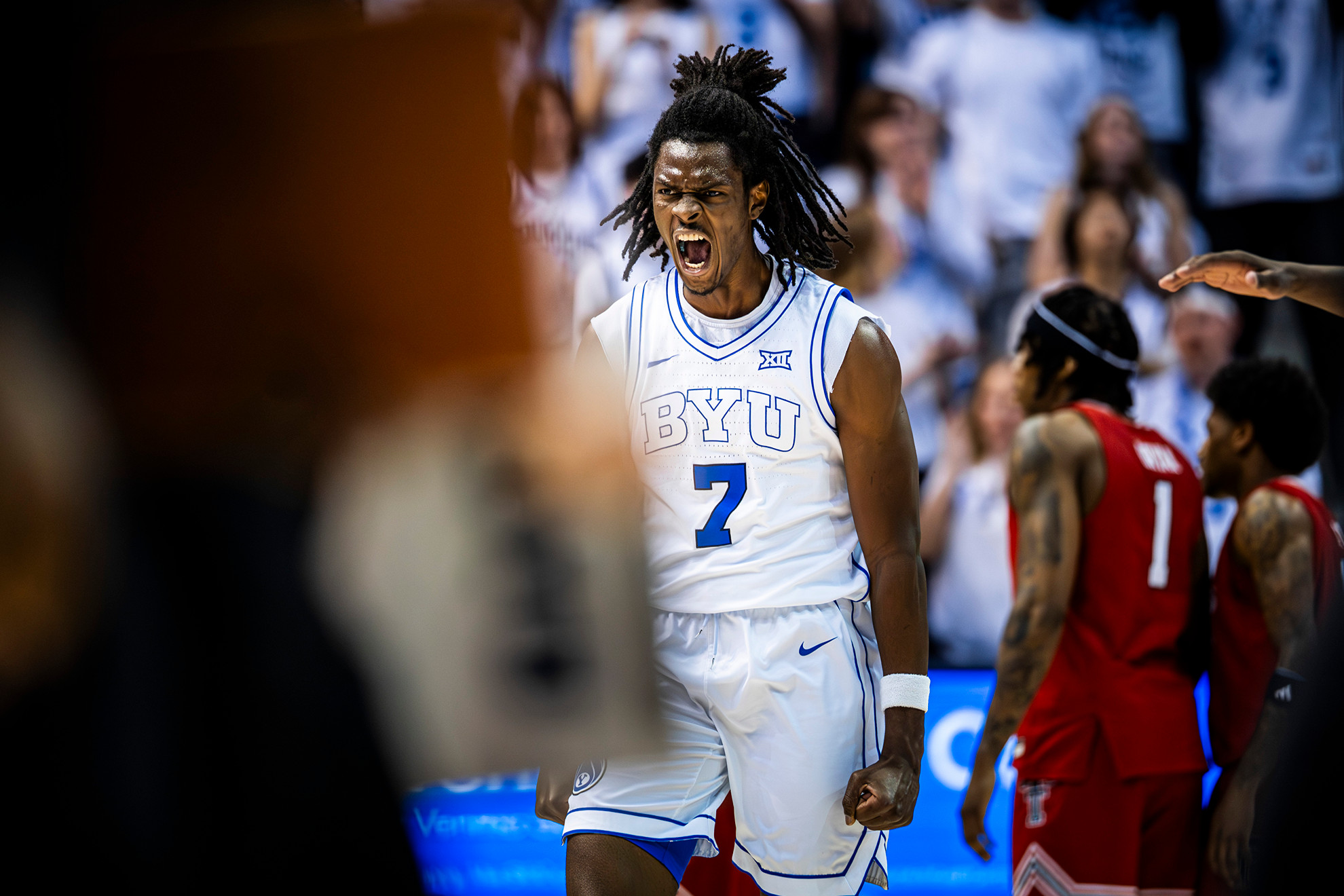 Khadim Mboup celebrates in BYU's win over Texas Tech.