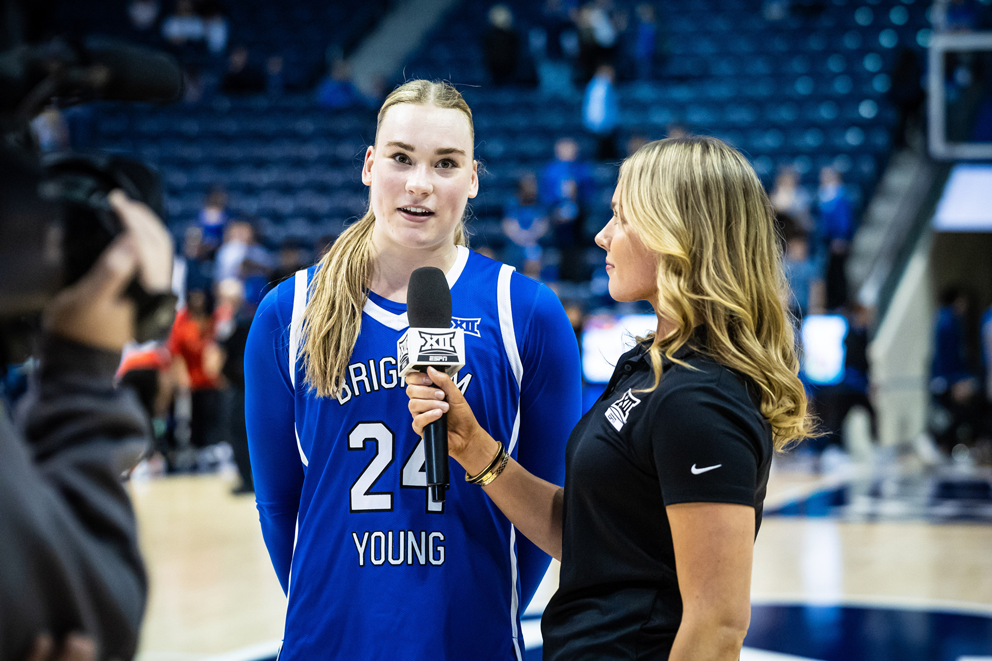 Brinley Cannon speaks with an ESPN+ sideline reporter after defeating Utah.