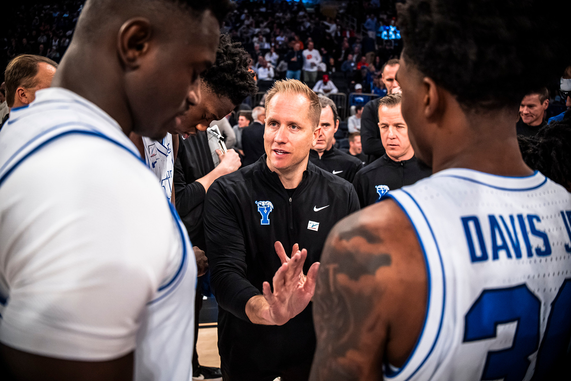 BYU's Kevin Young talks with his players during a timeout in the Cougars win over Clemson.
