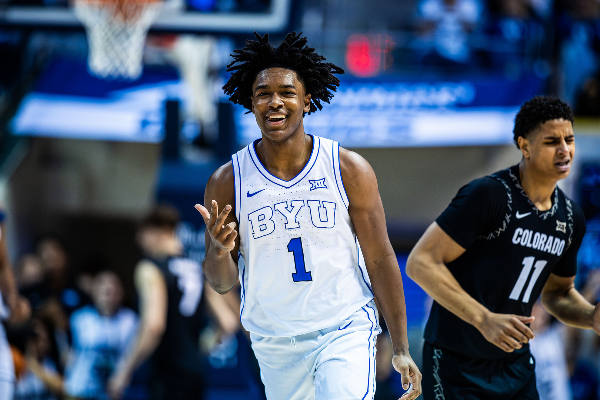 Robert Wright III celebrates a 3-pointer.