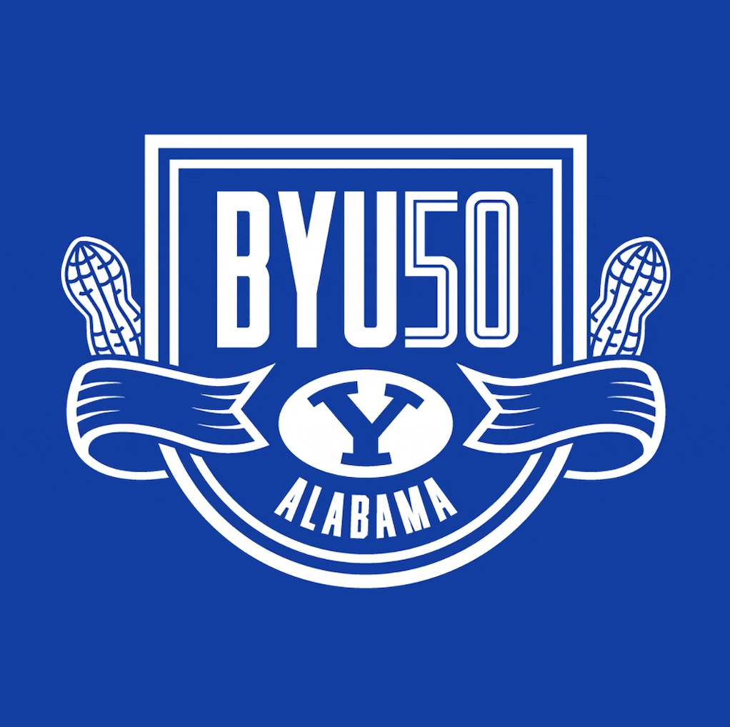 BYU 50 Alabama shirt graphic with BYU50 crest and peanuts